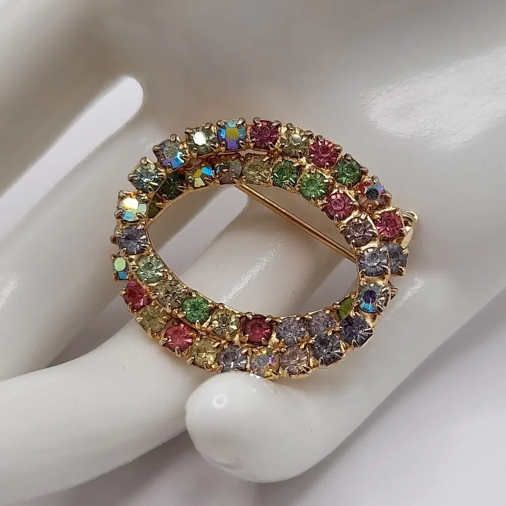 Vintage AB Pastel Prong Set Glass Rhinestone Oval Brooch, URANIUM Glass, 1 1/4